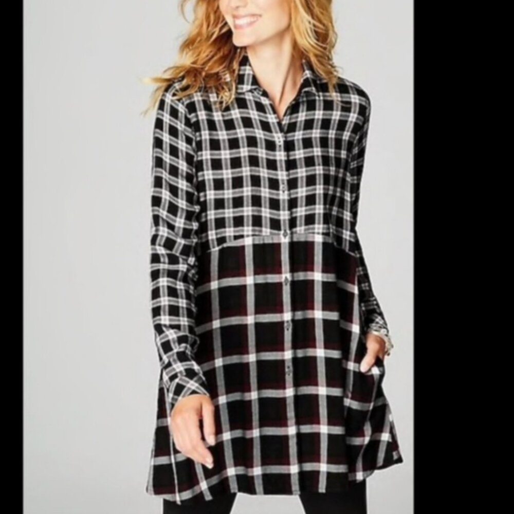 J Jill Mixed Plaid Shirt Tunic W/ Pockets Size Medium *D41 Country Boho